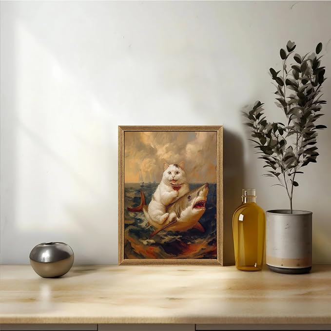 ICHZUMW Framed Funny White Cat Riding Shark Ocean Canvas Wall Art 12x16 In | Quirky Cat Drinking Wine Riding Shark Oil Painting, Humorous Bathroom Wall Decor, Bedroom Restroom Powder Room, Ready to Hang