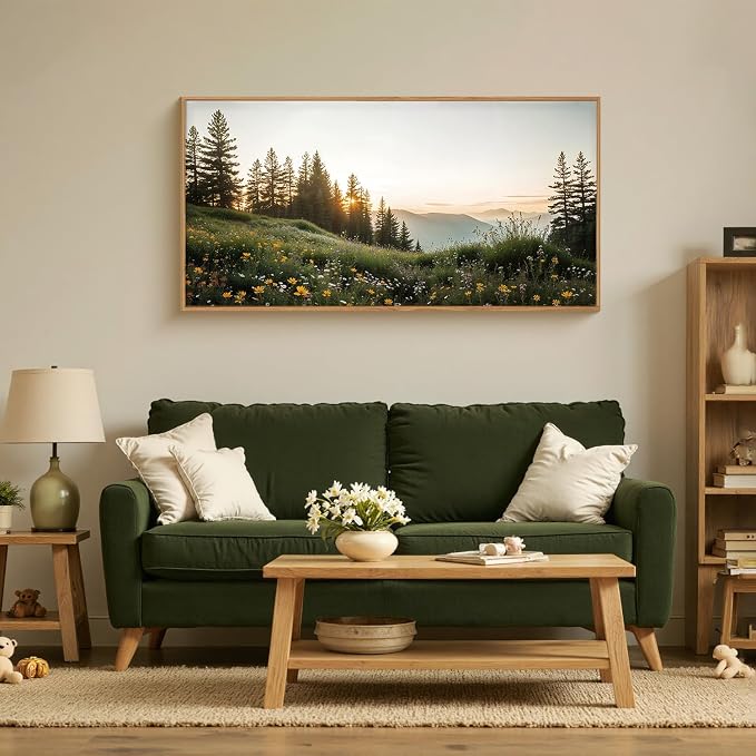 FWIEXA Green Forest Mountain Framed Canvas Wall Art Set, Wildflower Meadow Wall Decor, Floral Pictures Artwork, Nature Sunset Landscape Art Prints for Living Room, Bedroom, Office - Size 20"x40"