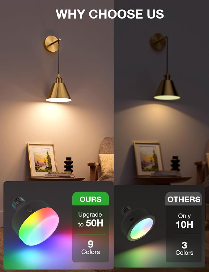 Brushed Gold Battery Operated Wall Sconce Set of 2, 5200mAh Dimmable Detachable Bulbs and Remote Wireless Rechargeable Wall Lights, 9 Colors Sconces Wall Decor for Bedroom Living Room Hallway