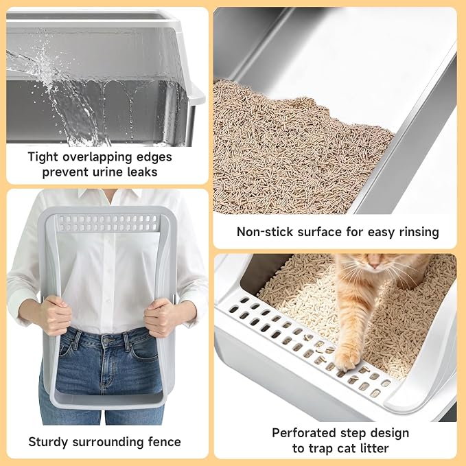 High-Sided Stainless Steel XL Cat Litter Box for Cats | Open Top, Front Entry, Non-Stick & Leak-Proof, Odor Free, Scoop Included, Anti-Urine Leakage