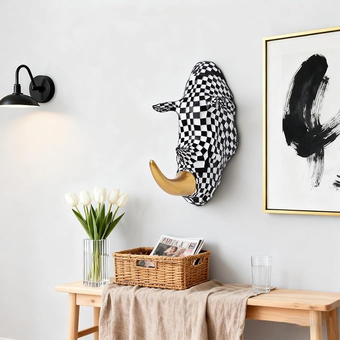 GIGICICI 9.2x4.7-Inch Vintage Mosaic Rhino Head Wall Sculpture Art Mount Statue for Room Bedroom Office Living Decor(Black White)