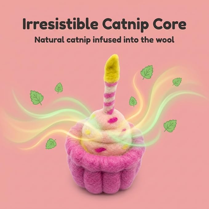 Glaciart One Wool Cat Birthday Cake Toy – Handmade Plush Catnip Design, Interactive Play for Indoor Cats, for Kittens & Cat Lovers