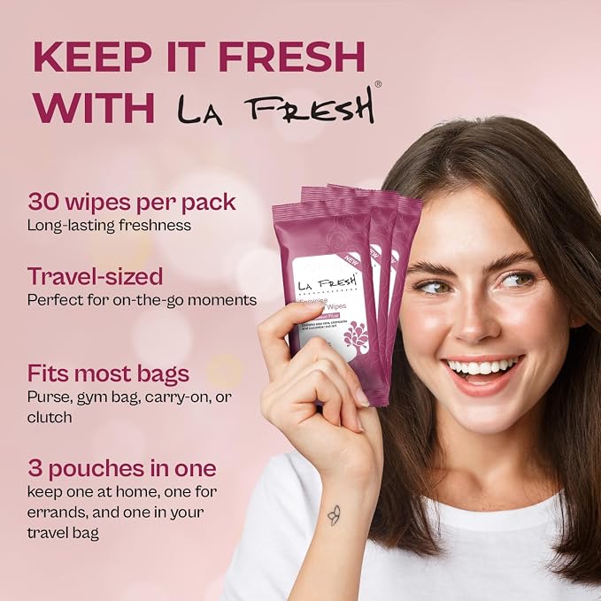 LA Fresh Feminine Hygiene Wipes for Women, Travel Size 3 Pack (30 Count) | Aloe Vera, Chamomile, Cucumber & Vitamin E Infused Gentle Cleansing Wipes for Daily Freshness, Gym & On-the-Go Comfort