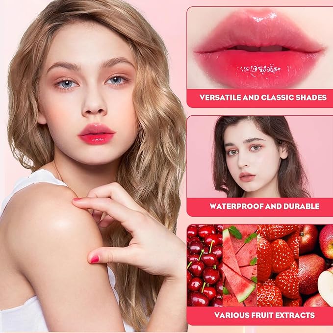 Lip Tint Stain Set – 4 Colors High Shine Gloss with Vitamin E Non-Sticky Hydrating Lip and Cheek Tint Stain Waterproof Lip Stain Long Lasting Formula Water Tint Lip Stain for Women Moisturizing Glow
