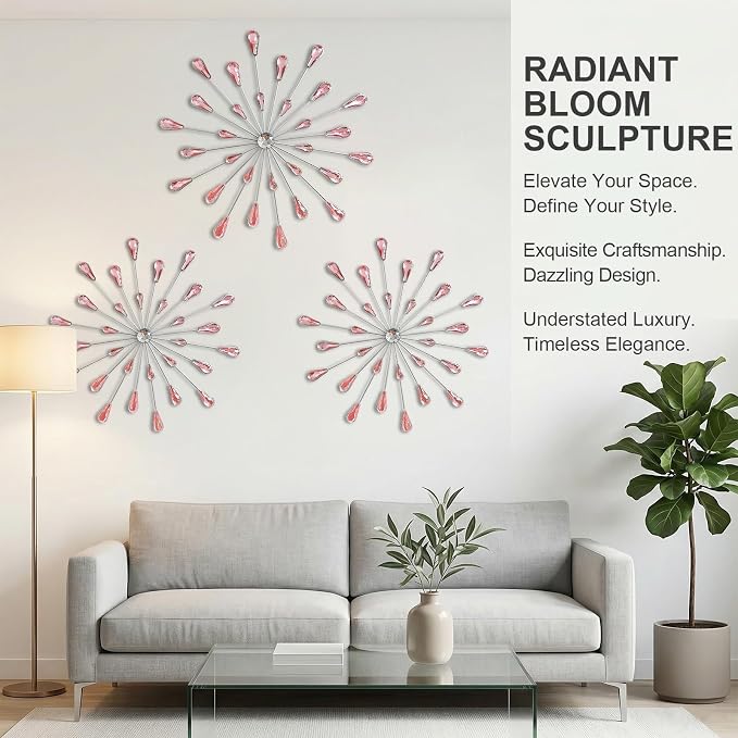 ZEXUIRU 3 Set Silver Starburst Wall Art for Home Decor Metal Bling Crystal Rhinestones Sunburst Wall Decor Sparkling Rhinestone Art Accent Silver - 13in