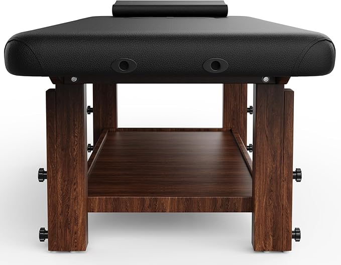 Wood Heavy Duty Stationary Massage Table with Adjustable Face Pillow and Adjustable Legs for Treatment, Physical Therapy, Spa Facial Professional Massage Bed, Black Leather 31.5'' W x 75.5'' L, 700LBS