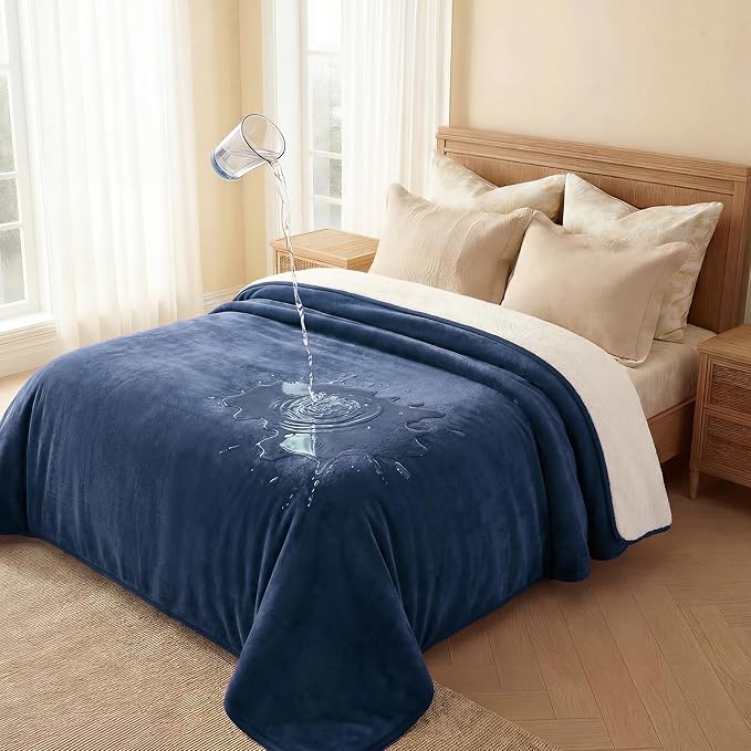Luciphia Waterproof Pet Blanket, Washable Reversible Sherpa Fleece Throw | Liquid-proof furniture protector for bed and couch, soft reversible sherpa fleece for dogs, cats blue, XL