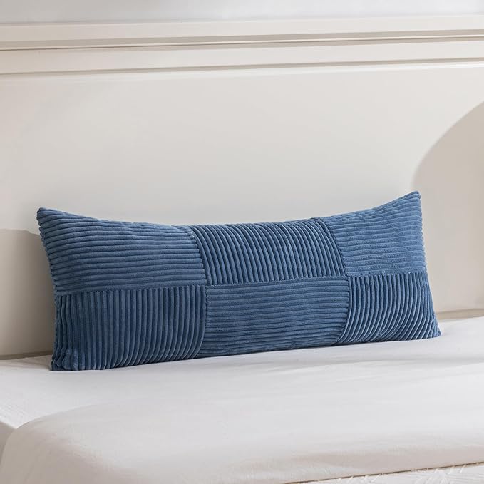 Fancy Homi Set of 1 Dusty Blue Boho Long Lumbar Body Decorative Throw Pillow Cover 21x54 Inch for Bed Couch Bedroom Bench, Soft Patchwork Corduroy Textured Pillow Case, Rustic Farmhouse Room Decor
