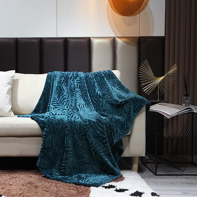 Super Soft Flannel Fleece Throw Blanket, 60 x 80 Inches, Blue Coral | Lightweight Cozy Warm Leaves Textured Plush Blanket for Bed Couch Sofa