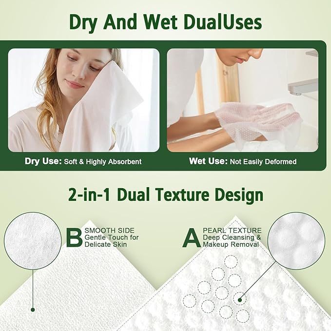 Disposable Face Towels 600 Count, Biodegradable Ultra Soft & Thick Facial Towels for Sensitive Skin, Lint-Free Makeup Remover Dry Wipes, Multi-Purpose Cleansing Towelettes for Face Wipes, Skincare