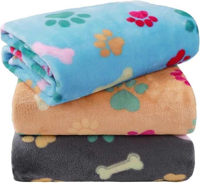 LINENLUX Dog Blankets 3-Pack, Super Soft Fluffy Fleece Pet Throw Warm | Premium flannel fleece pet throw for cats, puppies. Cozy warm for bed, crate, or couch naps; Bones and Claws-3pcs 60x40 inch