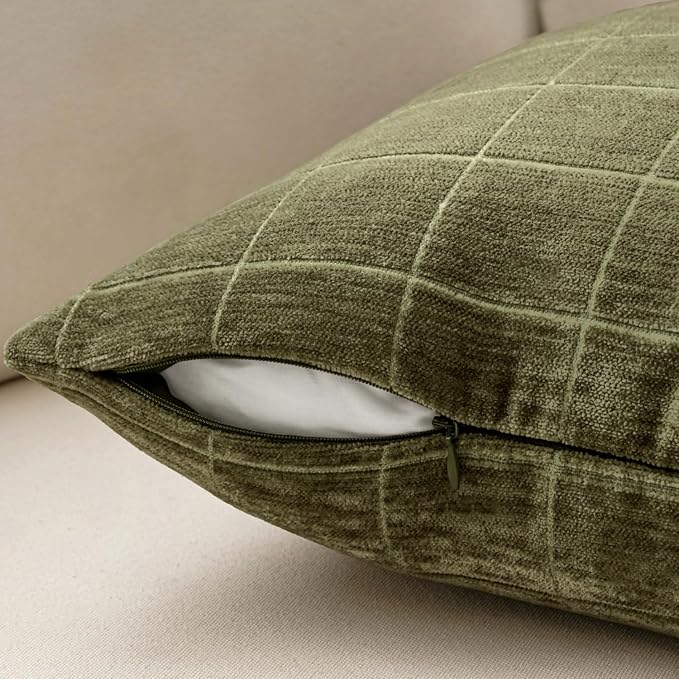 MIULEE Olive Green Plaid Decorative Throw Pillow Covers 20x20 Set of 2 | Vintage, Check Chenille Couch Pillows, Neutral Boho Farmhouse Cushion Covers, Modern Home Decor for Sofa Bed Living Room