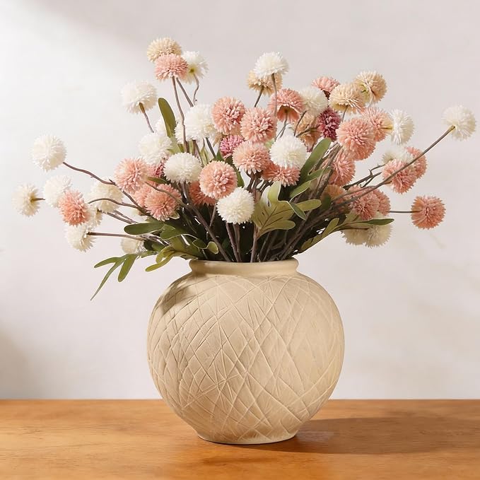 Rustic Ceramic Vintage Farmhouse Vase for Decor (Small Carved Beige) | 6'' Boho Decorative Vase for Home, Round Textured Clay Terracotta Bowl vase for Living Room, Table, Shelf, Centerpieces