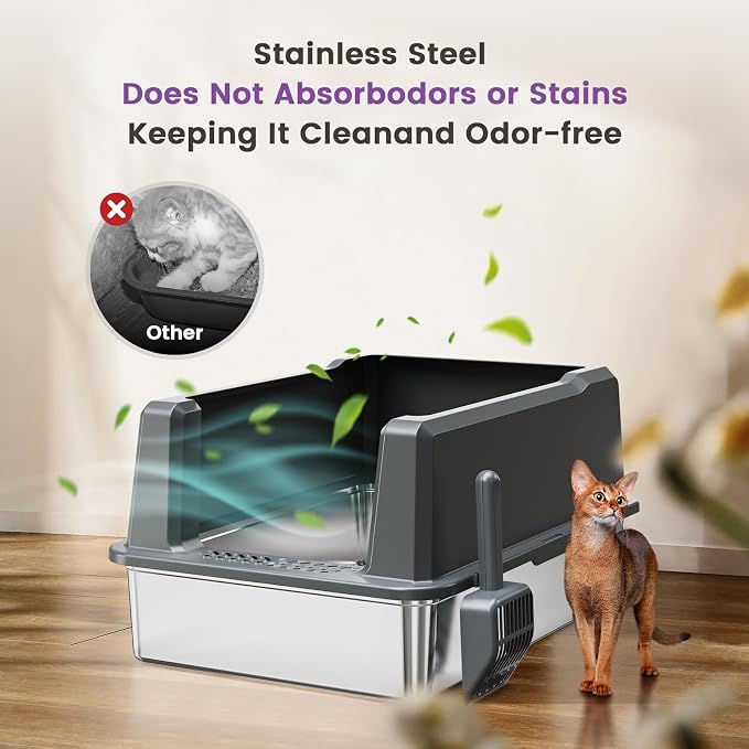 XXXXX+L Stainless Steel Cat Litter Box with Lid, 28" L x 20" W x 16" H Metal Litter Box with High Sides for Big Cats & Multiple Cats, Never Absorbs Odors, Anti-Urine Leakage, Easy Cleaning (Gray)