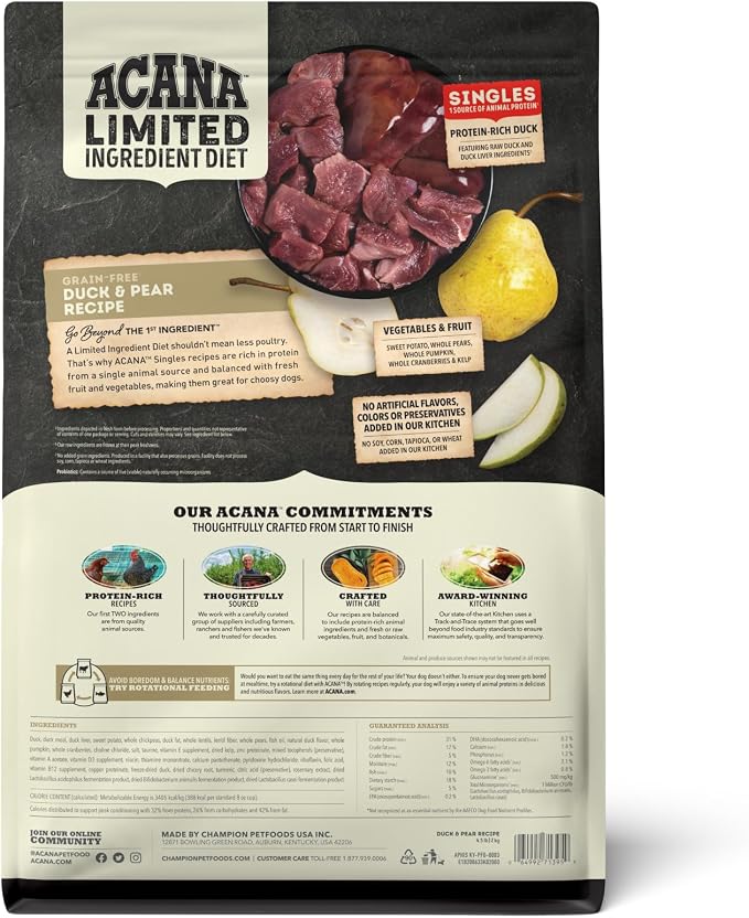 ACANA Singles Limited Ingredient Dry Dog Food Duck & Pear 4.5lb Bag | Grain Free, Made in the USA, Limited Ingredient, Global Quality Ingredients