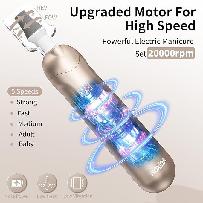 Manicure Pedicure Kit, Professional Nail Grinder for Senior Thick Toenail, Cordless Electric Nail File, 5 Speeds Pedicure Tools for feet Callus Remover, Nail Drill for Women Hand Feet Care