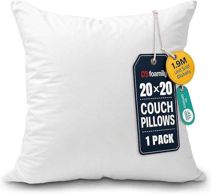 Foamily 20x20 Throw Pillow Insert, White Pillows for Couch, Sofa & Bed | Soft down-alternative fill, hypoallergenic, holds its shape. Fits 20x20 covers. Couch, sofa, bed, nursery decor.