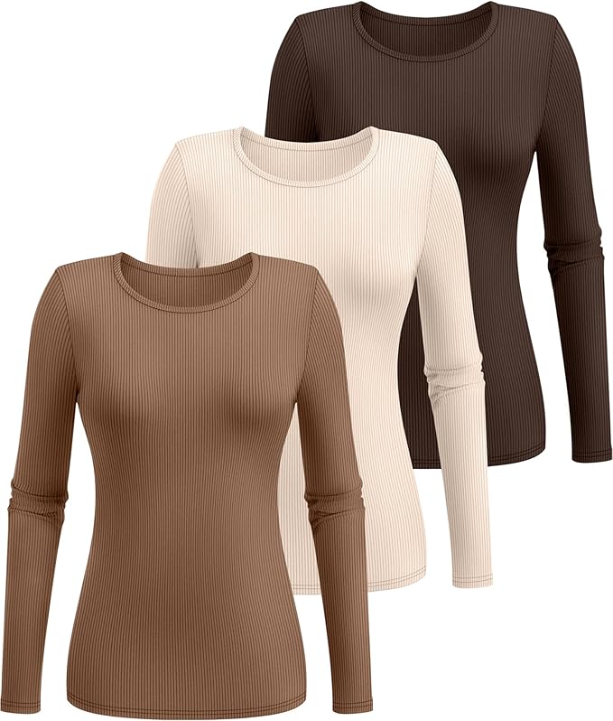 Ficerd 3 Pack Women's Ribbed Long Sleeve Tops, Crew Neck Slim Fit Undershirts Knit Basic Casual Stretch Layering Tee Shirts