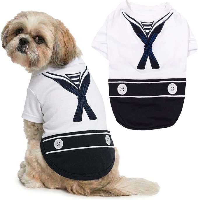 Parisian Pet Sailor Dog Costume - 100% Cotton Dog Clothes for Medium Dogs Boys - Lightweight and Breathable Puppy Outfits - Funny Schitzu Clothes - Cute Navy Pet Shirt - Stretchy T Shirt for Dogs