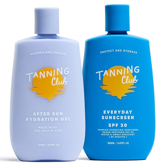 Tanning Club Daily Sun Defense Duo – Everyday Sunscreen SPF 30 (Water & Sweat Resistant, 80 Minutes) & Cooling Hydration Gel with Aloe and Sea Kelp – Pre & Post Sun Care Set for Balanced Hydration