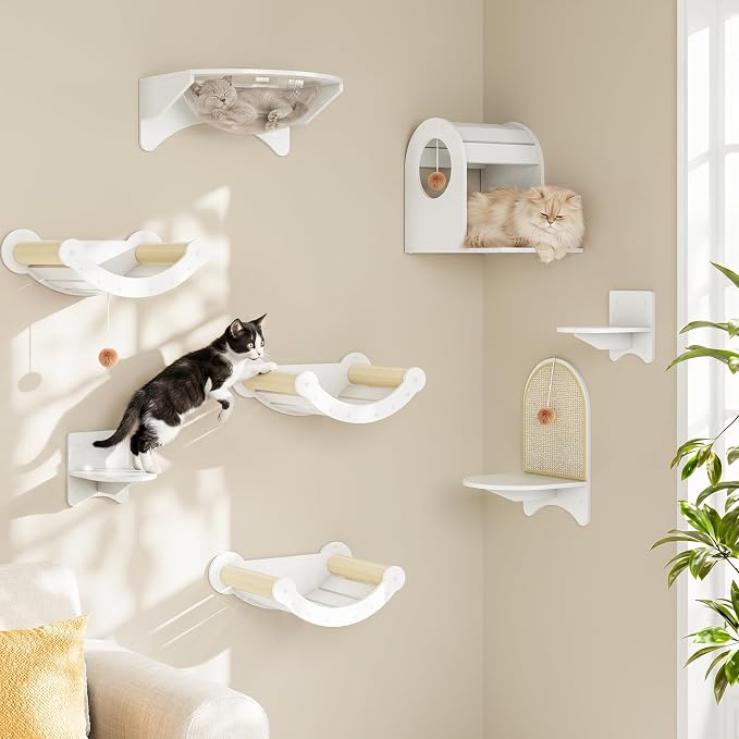 HOOBRO Wood Cat Wall Shelves for Large Cats, Wall-Mounted Cat Shelves and Perches, Cat wall Furniture Set with Cat House, Transparent Capsule Hammock, for Sleeping, Playing & Climbing, White WT48CS03