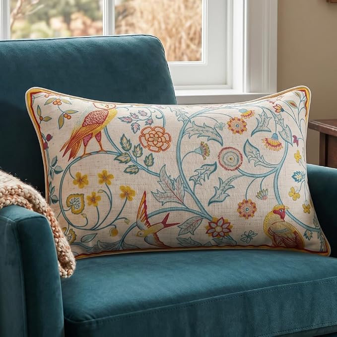 patdrea French Vintage Linen Throw Pillow Cover,12"x20"-Magnolia A | Decorative Pillow Case with Zipper,Yellow Floral Pattern,Cushion Coverfor Couch Living Room Bedroom Sofa