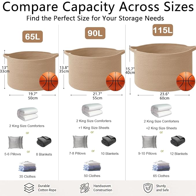 115L Extra Large Blanket Basket,Woven Rope Laundry Basket-Camel | Collapsible, reinforced handles, nursery storage bin organizes clothes, toys and pillows for living room, bedroom bathroom