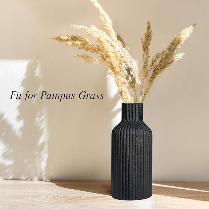 Ceramic Flower Vase, Minimalist Modern Home Decor, Matte Finish Pampas Grass Vase for Table, Fireplace, Shelf, Mantel, Entryway and Centerpieces (Black)