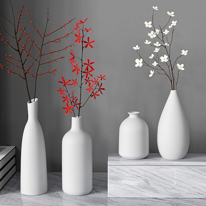 White Ceramic Vase Set of 4,Modern Farmhouse Decorative Vases for Entryway Mantel Centerpiece Bookshelf Console Table