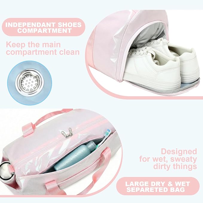 Gym Bag Sports Duffle Bag with Wet Pocket Weekender Overnight Bags with Waterproof Shoe Pouch and Air Hole for Girls Kids Women Workout Travel Bags (Light Pink)
