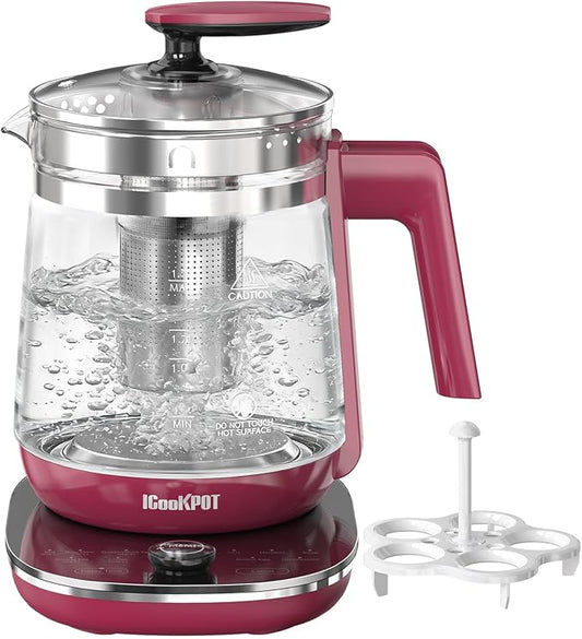 1200w Electric Kettle, 1.5L Borosilicate Glass tea kettle, Hot water kettle electric for Coffee or Tea, BPA Free, Auto Shut-Off, Stainless Steel, Fast Boil, Red