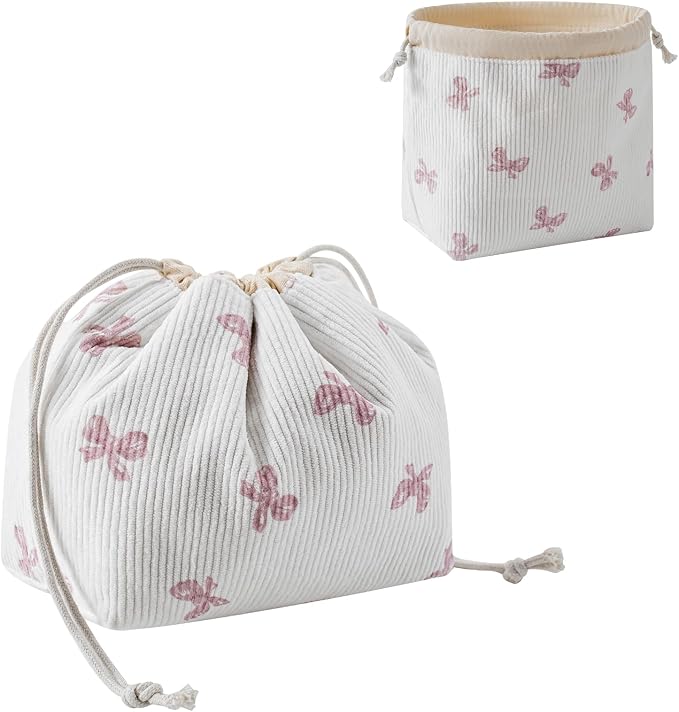 RSRSLEII Aesthetic Corduroy Drawstring Makeup Bag, Cute Coquette Drawstring Cosmetic Bag with Canvas Lining, Pink Bow Pattern Travel Makeup Organizer Case for Women Girls (08 White Pinkbow)