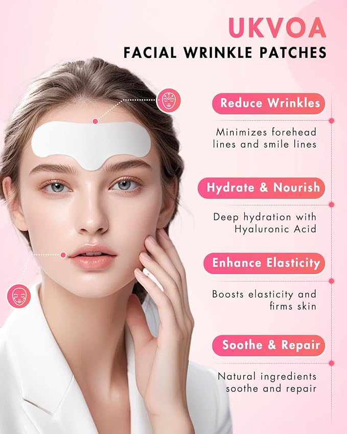 UKVOA Forehead Wrinkle Patches & Smile Line Patches, Overnight Facial Wrinkle Treatment with Hyaluronic Acid, Aloe, Collagen & Vitamin E to Lift Smile Lines for Women 36pcs