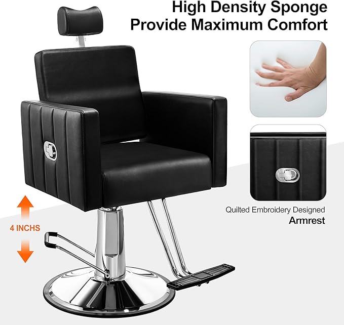 Baasha Reclining White Salon Chair with Adjustable Headrest, All-Purpose Hydraulic Styling Chair, Soft PU Leather, Heavy-Duty Steel Frame, 440 lbs Capacity, for Haircut, Braiding & Tattoo