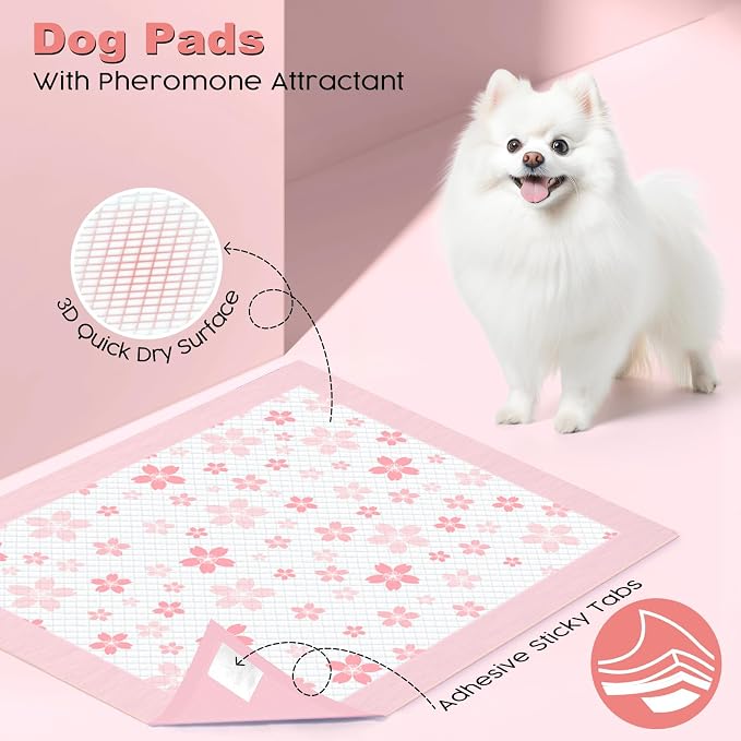 MIZOK Pink Puppy Pads with Adhesive Tabs Wee Wee Pads for Dogs 22x22in 50Ct | Cute Cherry Blossom Designs Feature Pheromone Attractant for Fast Training Small Dog Potty Pads Ideal for Female Puppy Needs
