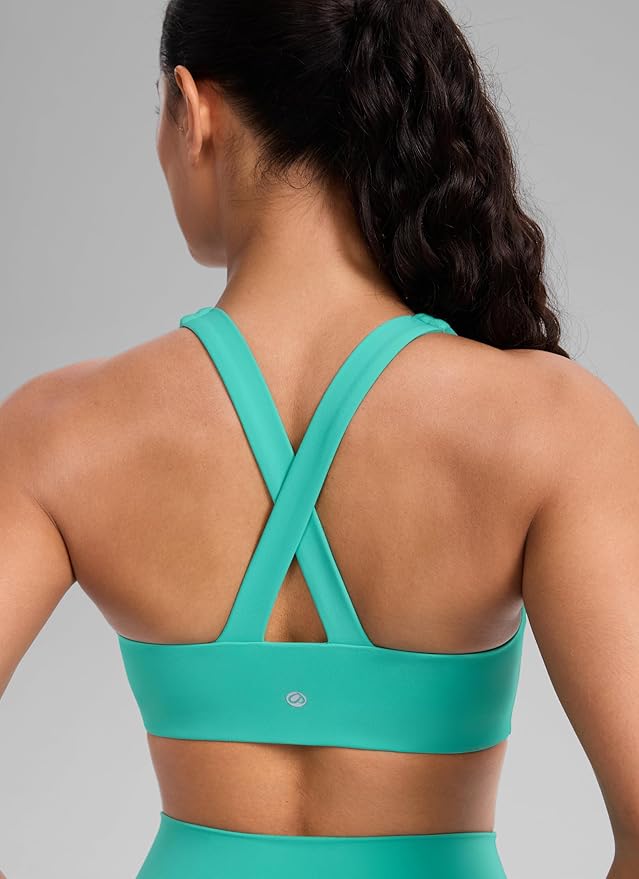 CRZ YOGA SculptAir Wide Straps Cross Back Sports Bras for Women - U Neck Medium Impact Wireless Padded Workout Top