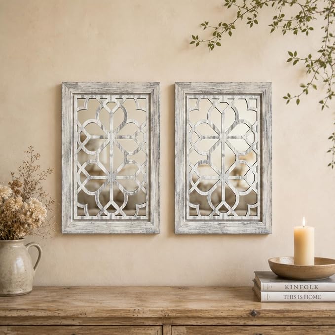 Set of 2 11x15 Inch Rectangular Shatterproof Grey Decorative Wall Mirrors, Boho Farmhouse Rustic Vintage Accent Mirrors for Living Room Bedroom Entryway & Home Decor