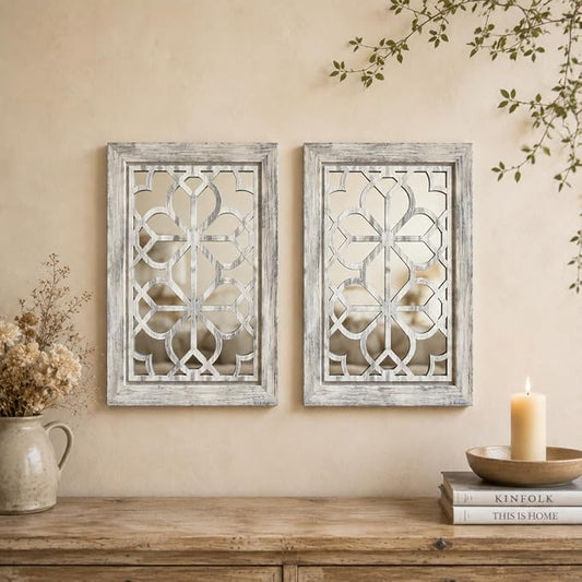 Set of 2 11x15 Inch Rectangular Shatterproof Grey Decorative Wall Mirrors, Boho Farmhouse Rustic Vintage Accent Mirrors for Living Room Bedroom Entryway & Home Decor
