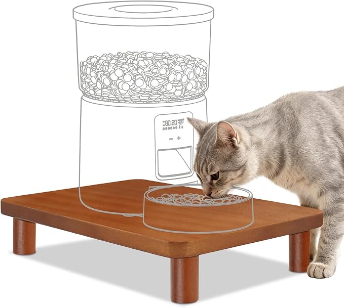 SZEE Cat Food Stand, Elevated Cat Feeder Stand for Automatic Feeder & Bowls | Lifted Cat Food Table Station, Raises Feeder/Bowl by 2 3/8", Relieves Spine and Joints Noticeably on Pets - Solid Walnut Wood