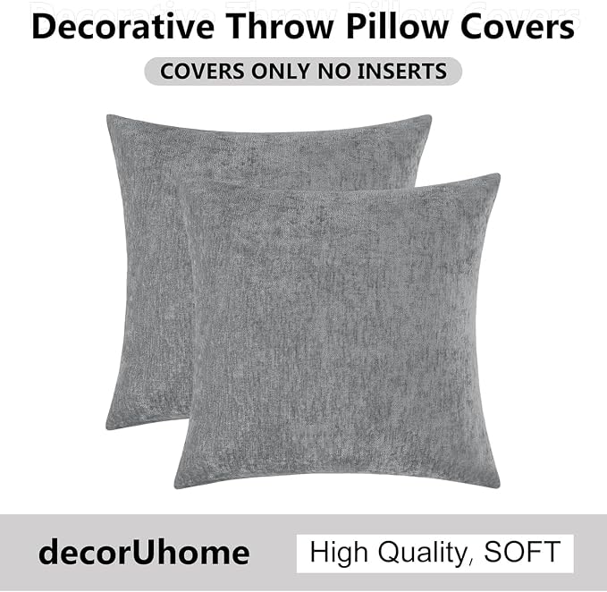 decorUhome Soft Chenille Dark Grey Throw Pillow Covers 22X22 Set of 2 | Decorative Fall Couch Pillow Covers Solid Dyed Accent Modern Euro Sham Farmhouse Neutral Square Pillow Cases for Sofa