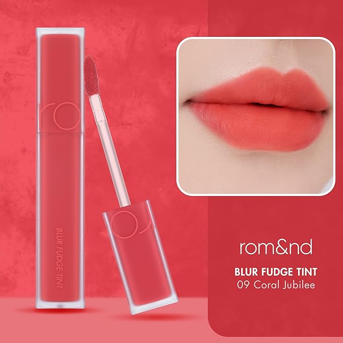 rom&nd Blur Fudge Tint (09 Coral Jubilee) 5g - K-Beauty Velvety Matte Lip Stain, Non-Drying Blurring Effect, Smooth Fudge Texture, Universal Shade for All Skin Tones