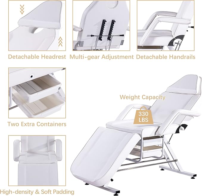 Massage Bed Tattoo Chair Massage Salon with Two Trays,Esthetician Table with Hydraulic Stool,Multi-Purpose 3-Section Facial Bed Table, Adjustable Beauty Barber Spa Beauty Equipment White