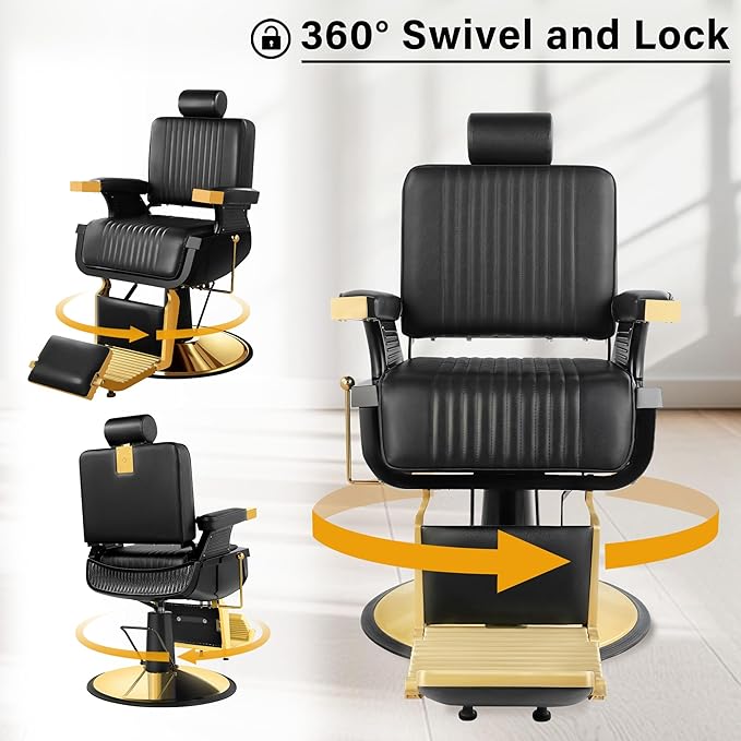 Barber Chair, Heavy Duty Reclining Barbershop Chair for Hair Stylist with Footrest and Headrest, Adjustable 360° Swivel All Purpose Hydraulic Salon Chair for Home Spa Beauty, Black Gold