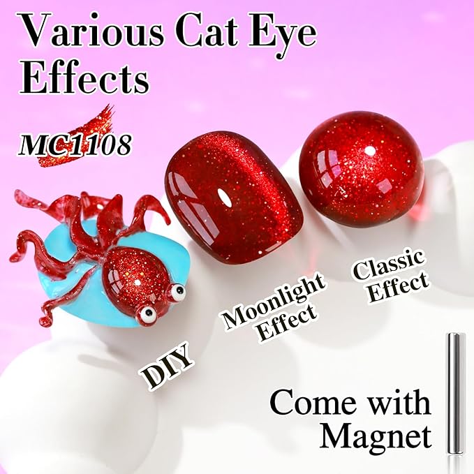 Double Rhythm 15ML Ice Glass Cat Eye Gel Polish with Magnet Holographic Glitter Shimmer Translucent Sheer Color Salon Soak Off Magnetic Nail at Home (Red Glitter-MC1108)