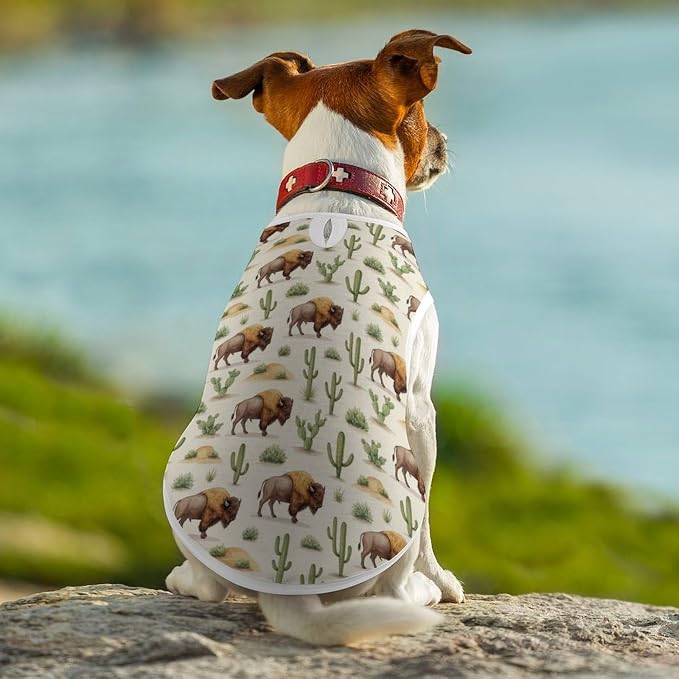 Cute Soft Breathable Dog Clothes Puppy Vest T Shirt Costumes Dog Shirt Vintage Western Buffalo Cactus Retro Bisons Mountain Wild West