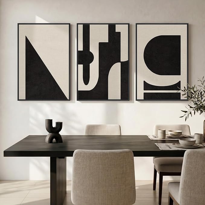 Large Framed Neutral Abstract Geometric Wall Art Set, 3 Piece Modern Minimalist Artwork for Walls, Black and Beige Canvas Prints Pictures Wall Decor for Living Room Bedroom Dining Room Office 24x36 In