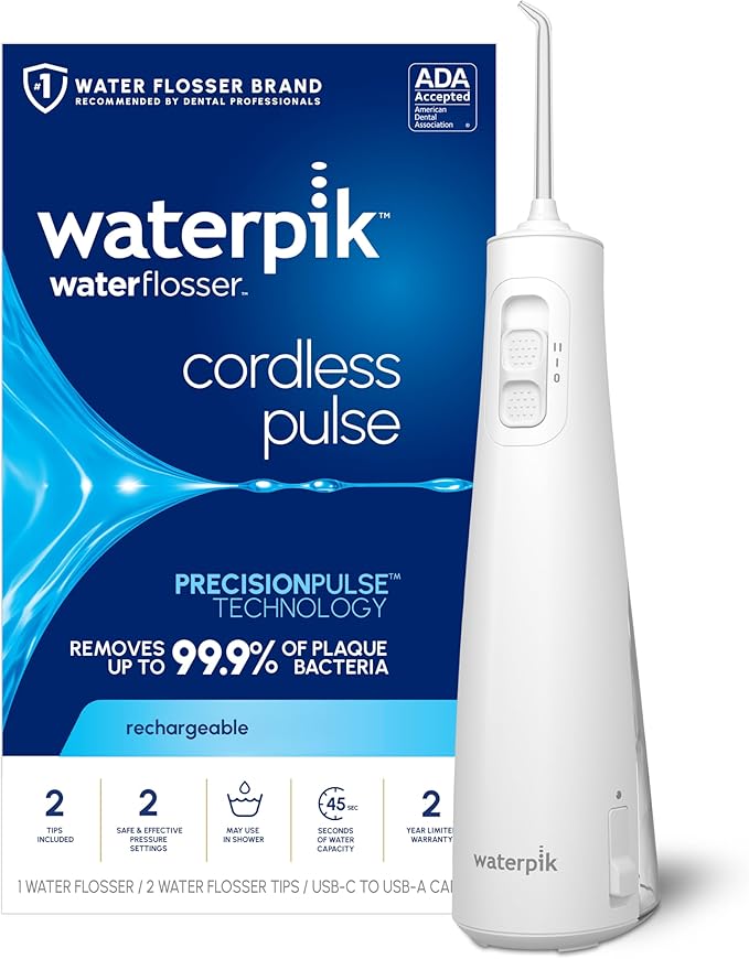 Waterpik Cordless Pulse Rechargeable Portable Water Flosser for Teeth, Gums, Braces Care and Travel with 2 Flossing Tips, Waterproof for Shower, ADA Accepted, WF-20 White, Packaging and Tips May Vary