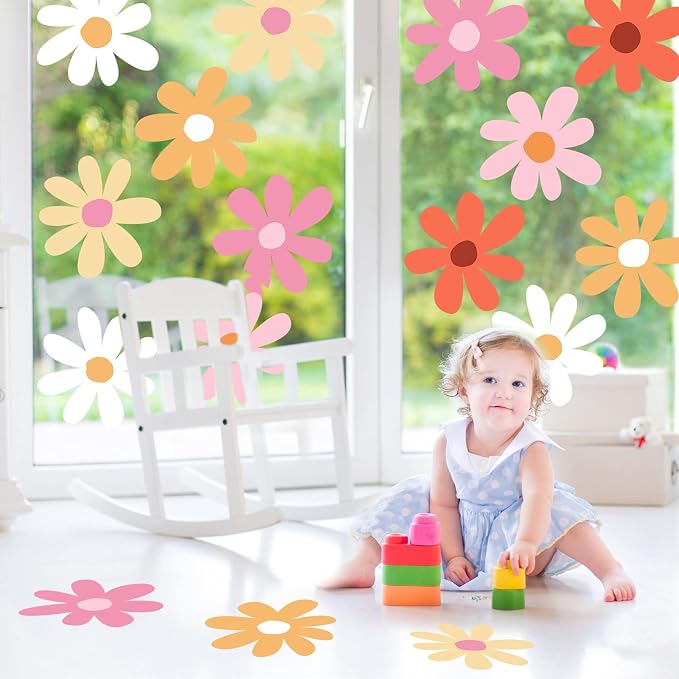 TaoBary 12 Sheet Daisy Wall Sticker Decal,Bright Color,Minimalist Style | Big Flower Wall Sticker, Pink White Floral Decal, Daisy Bedroom Room Decor, Removable Peel and Stick, Nursery Home Wall Decor