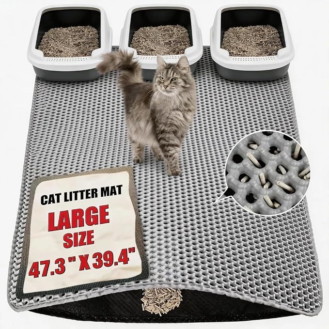 Cat Litter Mat XXL(47.3" x 39.4") - Large, Double-Layer, Non-Toxic, Easy Clean, Durable, Gray