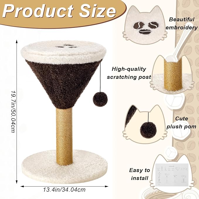 Espresso Martini Cat Scratcher 19.7" H Cat Scratching Post Scratcher with Dangling Ball for Indoor Cats Scratching Post for Kittens and Medium Large Cats